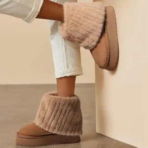 Niche Cream Fluffy Faux Fur Lined Short Snow Boots For Women, Warm Winter