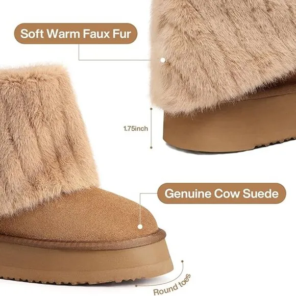 Niche Cream Fluffy Faux Fur Lined Short Snow Boots For Women, Warm Winter