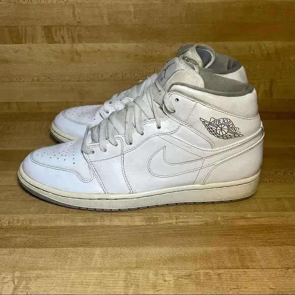 Nike Air Jordan 1 One Mid White Wolf Grey Shoes Sneakers 554724-112 Men's Sz 10