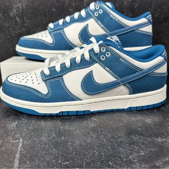 NIKE DUNK LOW RETRO SE SASHIKO INDUSTRIAL BLUE MENS SHOES SIZE 9.5 TWILL WHITE