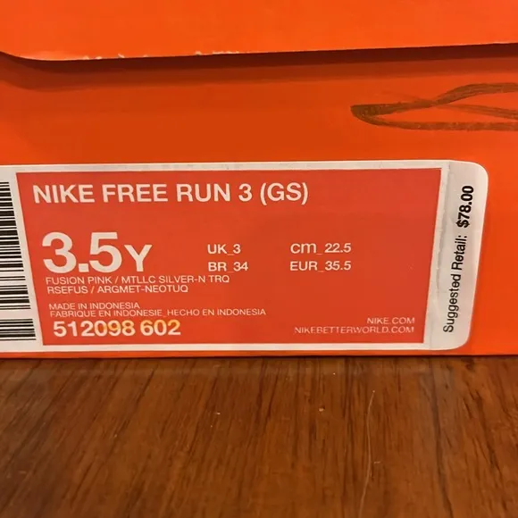 Nike Free Run 3 (GS) shoes sneakers new 512098 602 Girls Youth Size 3.5 Y