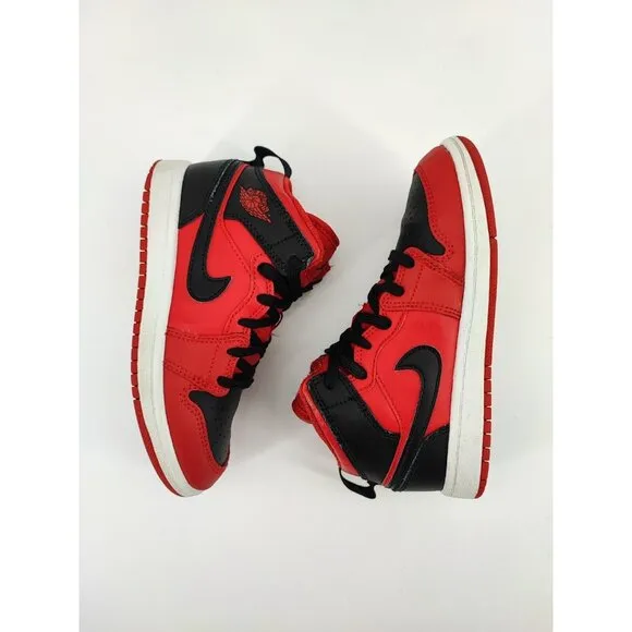 Nike Kids Air Jordan 1 Mid Reverse Bred Black Red Shoes GS Size 13C US