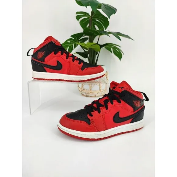 Nike Kids Air Jordan 1 Mid Reverse Bred Black Red Shoes GS Size 13C US