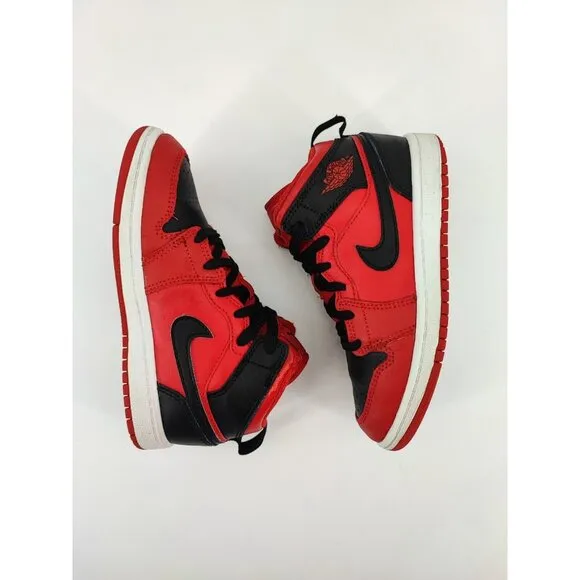 Nike Kids Air Jordan 1 Mid Reverse Bred Black Red Shoes GS Size 13C US