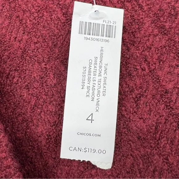 Nwt Chicos Herringbone Textured V-Neck Sweater Side Slit Tunic Cranberry Spice