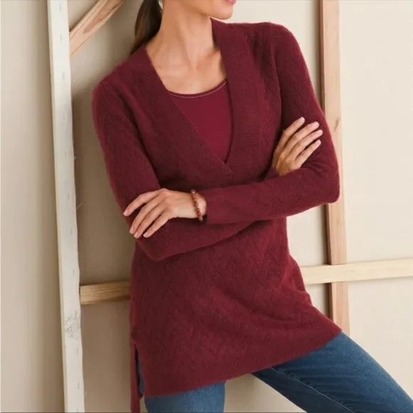 Nwt Chicos Herringbone Textured V-Neck Sweater Side Slit Tunic Cranberry Spice