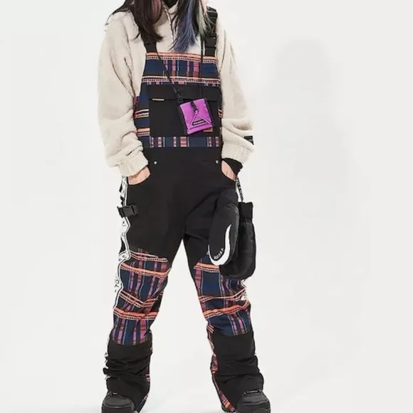 NWT crackling fire plaid BIB - black waterproof ski snowboard insulated overalls