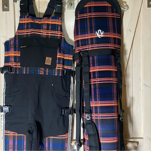 NWT crackling fire plaid BIB - black waterproof ski snowboard insulated overalls
