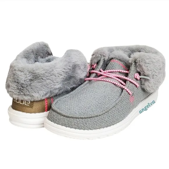 NWT Hey Dude Britt youth girls boho fold slip on shoes boots grey pink faux fur