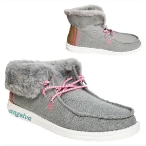 NWT Hey Dude Britt youth girls boho fold slip on shoes boots grey pink faux fur