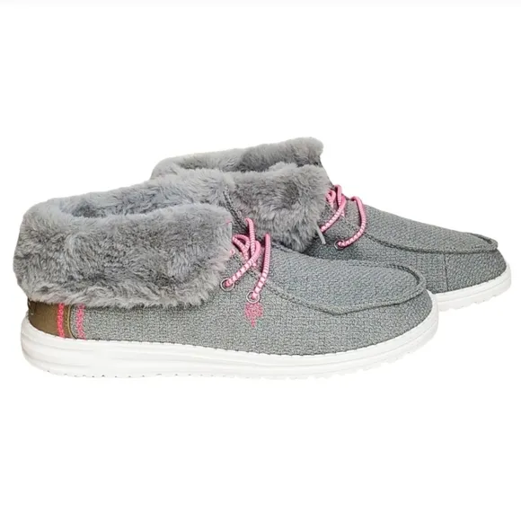 NWT Hey Dude Britt youth girls boho fold slip on shoes boots grey pink faux fur