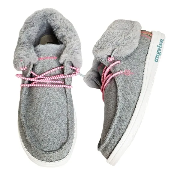 NWT Hey Dude Britt youth girls boho fold slip on shoes boots grey pink faux fur