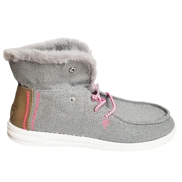 NWT Hey Dude Britt youth girls boho fold slip on shoes boots grey pink faux fur