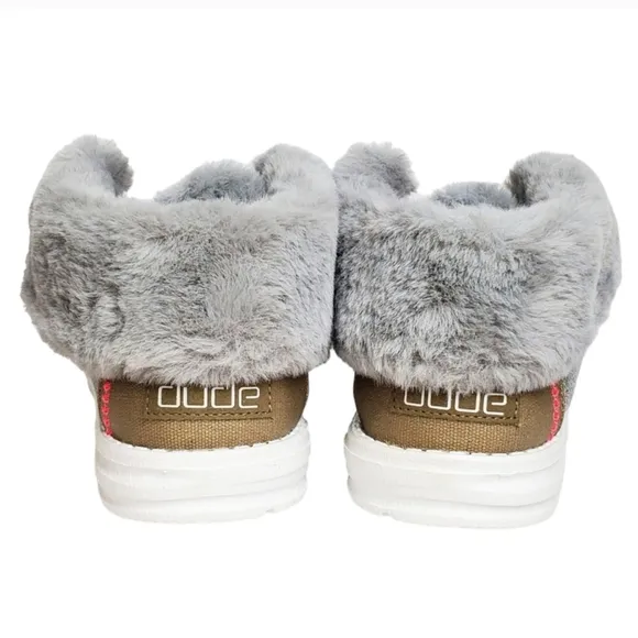 NWT Hey Dude Britt youth girls boho fold slip on shoes boots grey pink faux fur