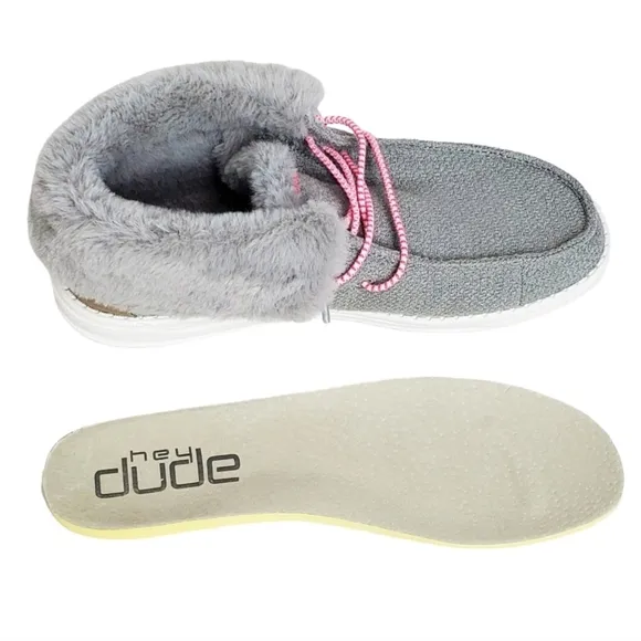 NWT Hey Dude Britt youth girls boho fold slip on shoes boots grey pink faux fur
