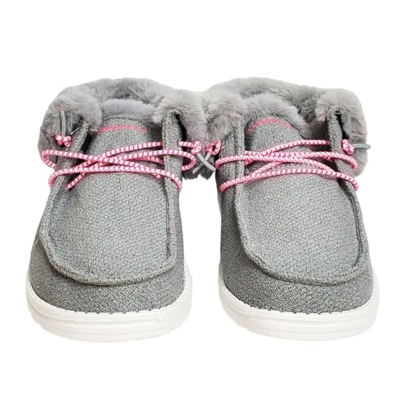 NWT Hey Dude Britt youth girls boho fold slip on shoes boots grey pink faux fur