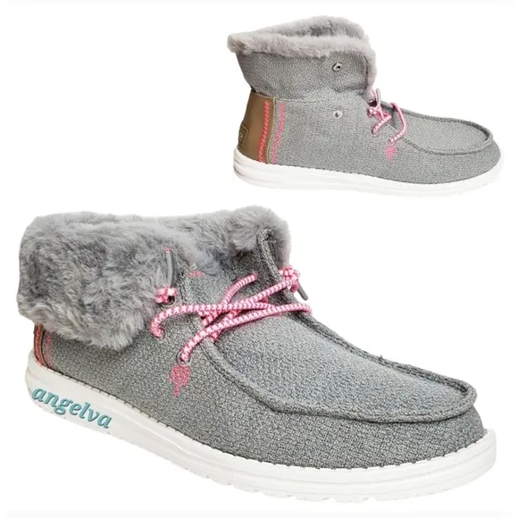 NWT Hey Dude Britt youth girls boho fold slip on shoes boots grey pink faux fur