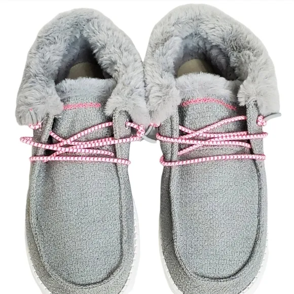 NWT Hey Dude Britt youth girls boho fold slip on shoes boots grey pink faux fur