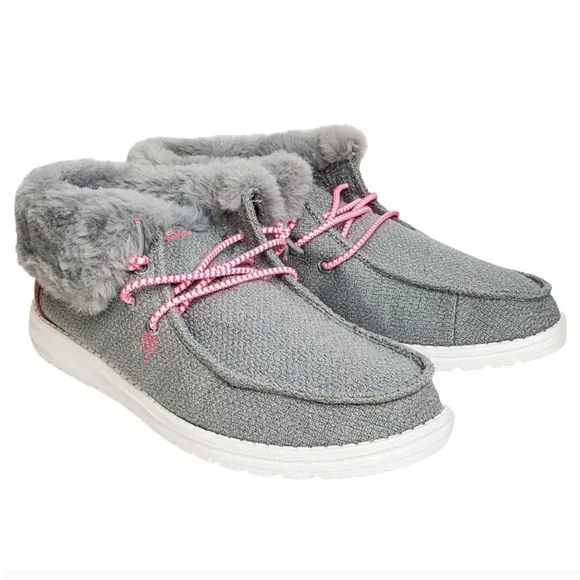 NWT Hey Dude Britt youth girls boho fold slip on shoes boots grey pink faux fur