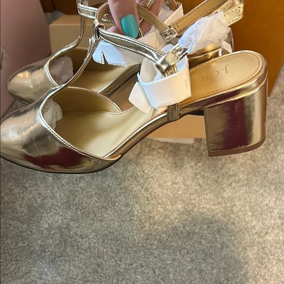 NWT J. Crew Pretty Metallic Gold T-Strap Block Heel Shoes