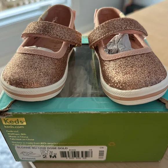 NWT Kate Spade x Keds Baby Glitter Sloane MaryJane Crib Shoes - Rose Gold- 2M