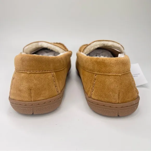 NWT Lands’ End Men’s English Tan Suede Leather Faux Fur Lined Moccasin Slippers