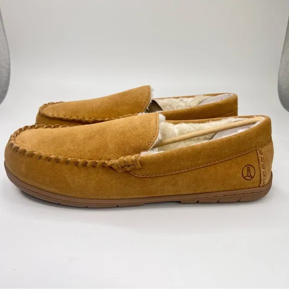 NWT Lands’ End Men’s English Tan Suede Leather Faux Fur Lined Moccasin Slippers