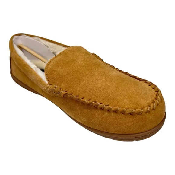 NWT Lands’ End Men’s English Tan Suede Leather Faux Fur Lined Moccasin Slippers