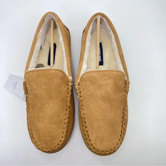NWT Lands’ End Men’s English Tan Suede Leather Faux Fur Lined Moccasin Slippers