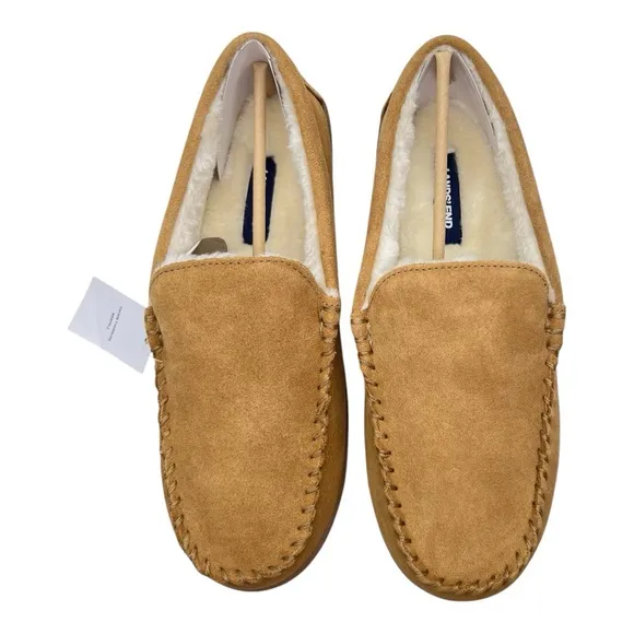 NWT Lands’ End Men’s English Tan Suede Leather Faux Fur Lined Moccasin Slippers