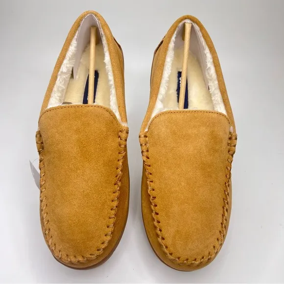 NWT Lands’ End Men’s English Tan Suede Leather Faux Fur Lined Moccasin Slippers
