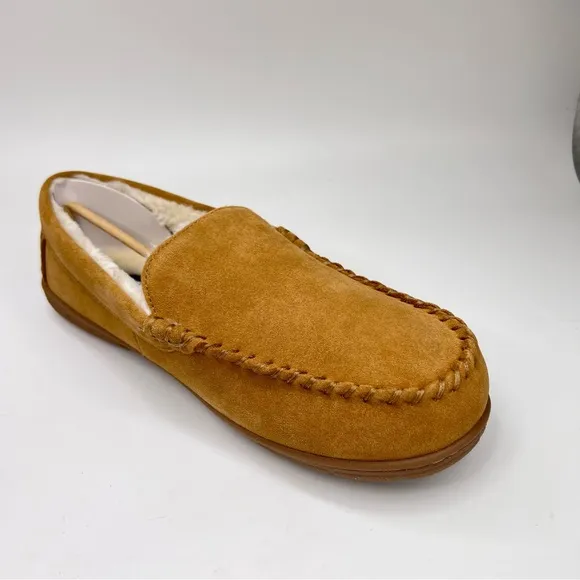 NWT Lands’ End Men’s English Tan Suede Leather Faux Fur Lined Moccasin Slippers