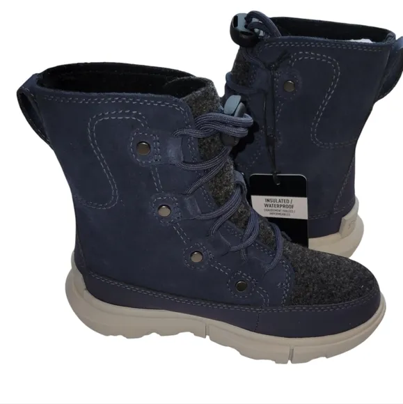 NWT Sorel Kids Explorer Waterproof Lace Boots India Ink Moonstone Blue Size 11C