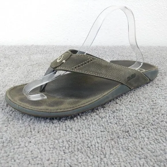 Olukai Nui Flip Flop Sandals Mens Size 10 Shoes Gray Leather Beach