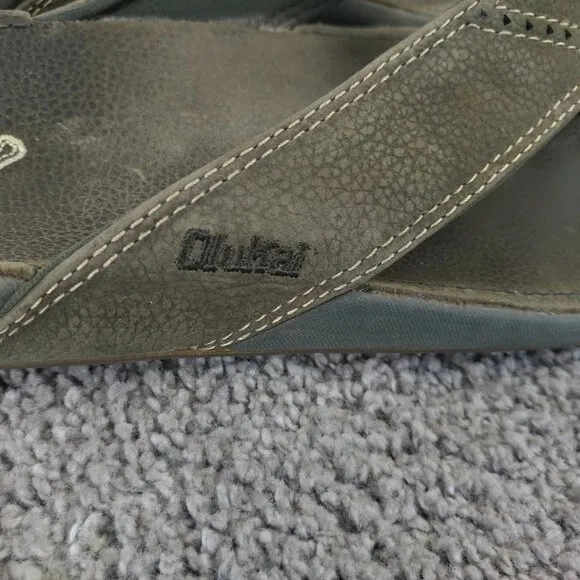 Olukai Nui Flip Flop Sandals Mens Size 10 Shoes Gray Leather Beach