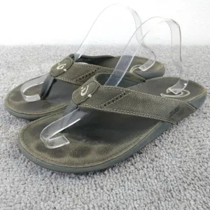 Olukai Nui Flip Flop Sandals Mens Size 10 Shoes Gray Leather Beach