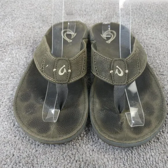 Olukai Nui Flip Flop Sandals Mens Size 10 Shoes Gray Leather Beach