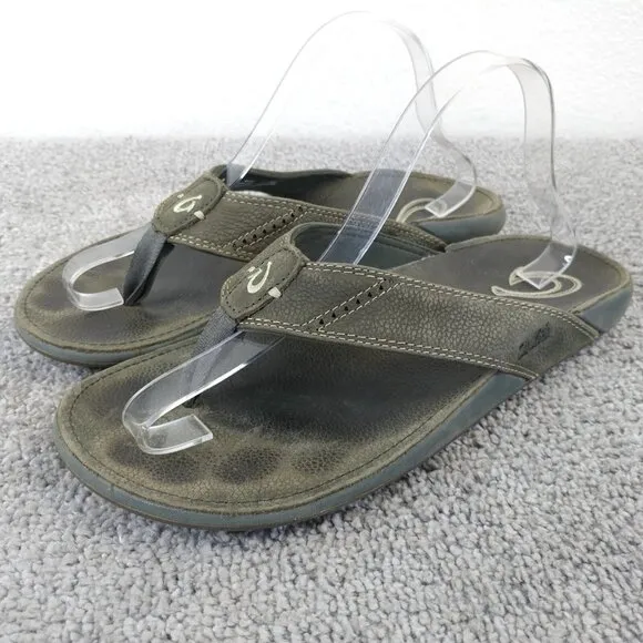 Olukai Nui Flip Flop Sandals Mens Size 10 Shoes Gray Leather Beach