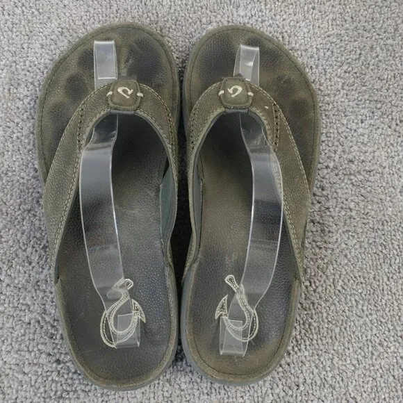 Olukai Nui Flip Flop Sandals Mens Size 10 Shoes Gray Leather Beach