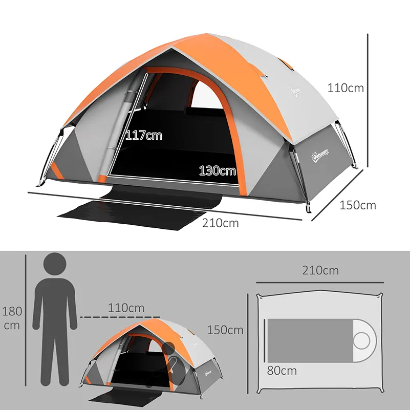 Outsunny 4-5 Man Single Room Camping Tent, 3000mm Waterproof, with Sewn-in Groundsheet and Carry Bag, Grey and Orange