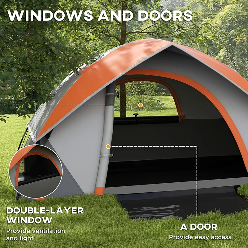 Outsunny 4-5 Man Single Room Camping Tent, 3000mm Waterproof, with Sewn-in Groundsheet and Carry Bag, Grey and Orange