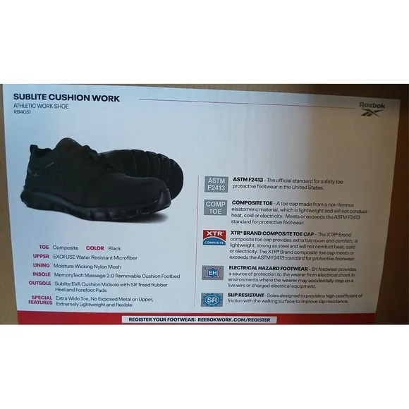 Reebok Work Shoes Sublite ASTM F2413-18 M/I/C/EH Alloy Toe Black 7.5 M MENS #774
