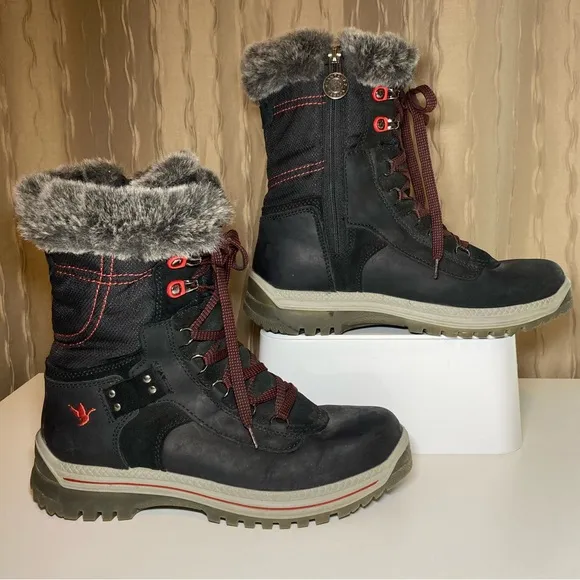 Santana Canada Mio Women's 40 US 9 Black Winter Boots Zip Lace Faux Fur Italy