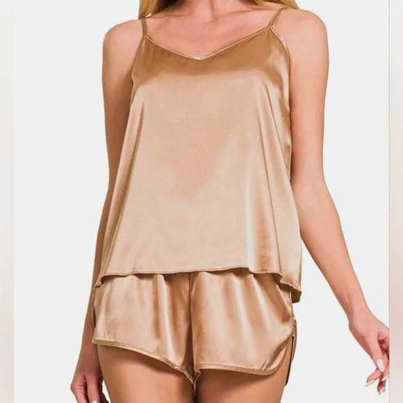 Satin Cami &amp; Shorts Two-Piece Lounge Set
