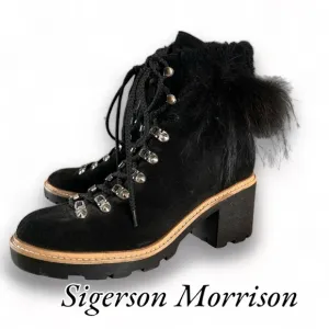 Sigerson Morrison Nalia Black Leather Goat Raccoon Fur Hiking Boots Size 40 (9)