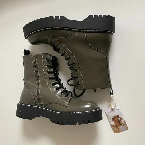 Sincerely Jules Harley Vegan Leather Olive Green Combat Boots Size 6.5 P3HA260P