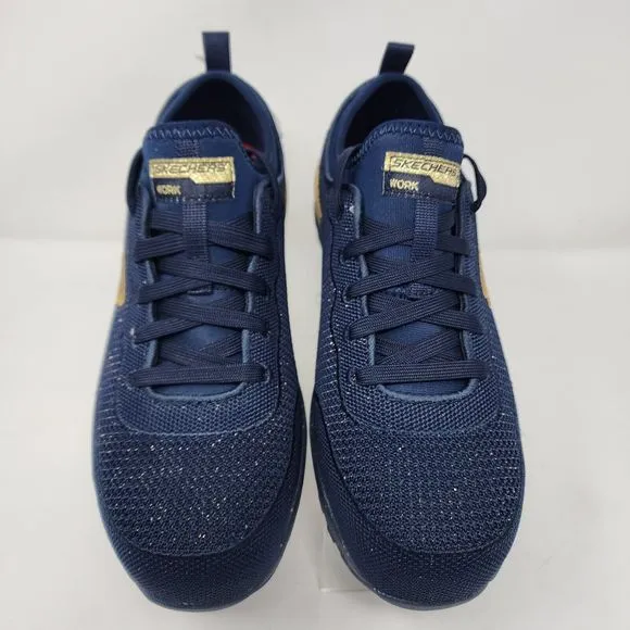 Skechers Work Shoes Womens 8 Blue Bulkin Balran Composite Toe Knit Sneakers Gold