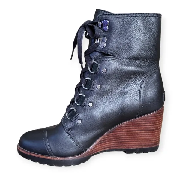 SOREL After Hours Full Grain Leather Lace-up Wedge Boots Black Brown Size 10