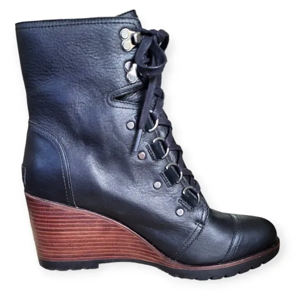 SOREL After Hours Full Grain Leather Lace-up Wedge Boots Black Brown Size 10