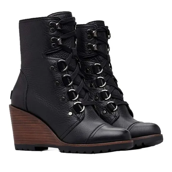 SOREL After Hours Full Grain Leather Lace-up Wedge Boots Black Brown Size 10